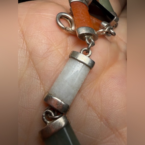 Vintage 925 Sterling Silver Multi-Colored Jade Link Bracelet - Picture 6 of 10